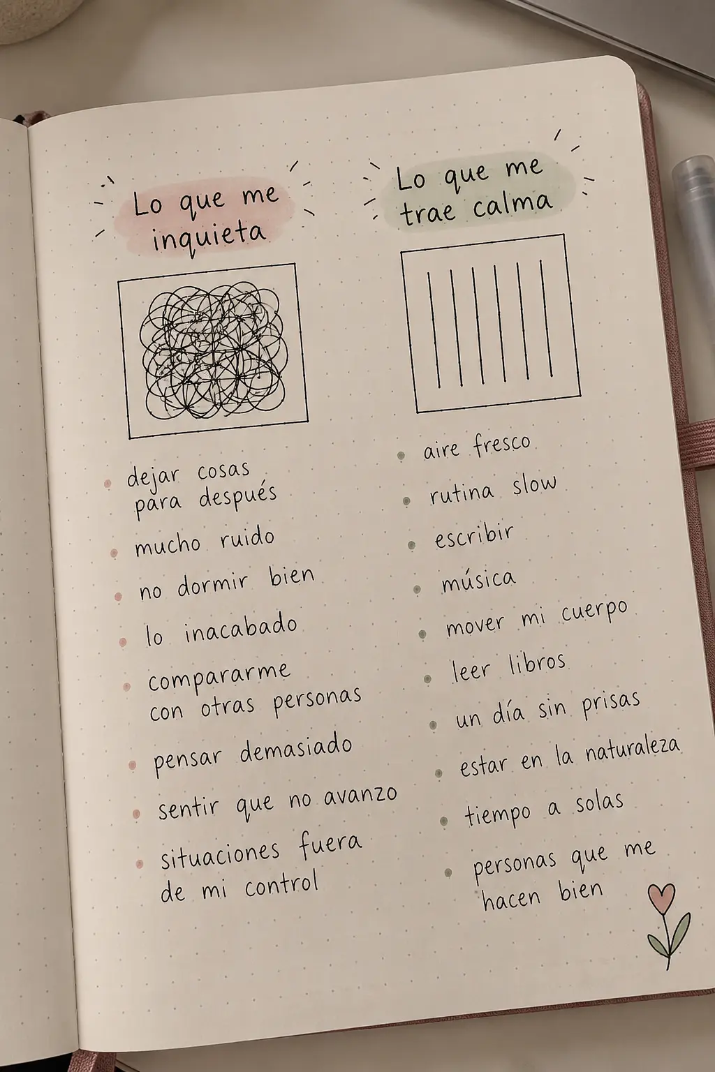 Ejemplo en cuaderno: Lo que me inquieta / lo que me trae calma